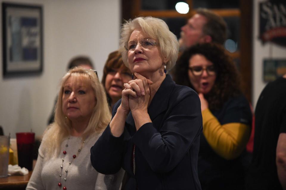 We The People's Londa Rohlfing watches on as the first results roll in during the Constitutional Republicans March 5 Election watch party inside Mulligan's in Jackson, Tenn. on Tuesday, March 5, 2024.