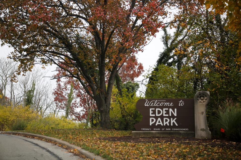 A sign welcomes guests to Cincinnati's Eden Park on Monday, Nov. 15, 2021.