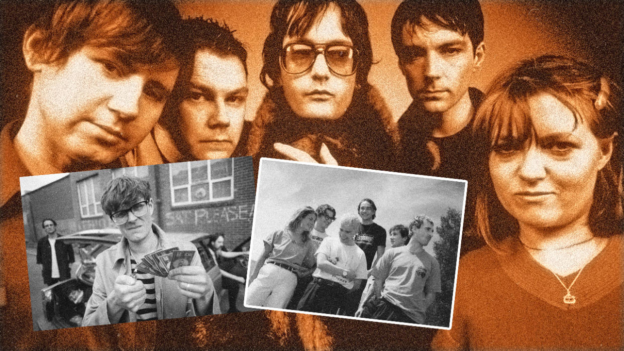  Pulp, group portrait, London , United Kingdom, 1998, with pictures of Yard Act and Sports Team superimposed on top 