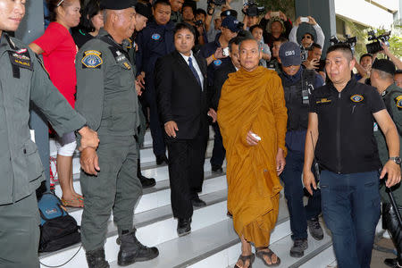 Phra Buddha Issara, 62, an activist monk, is escorted by police officers at the Thai Police Crime Suppression Division headquarters in Bangkok, Thailand, May 24, 2018. REUTERS/Stringer NO RESALES. NO ARCHIVES