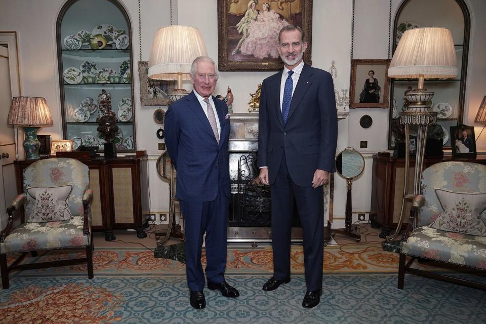 King Charles III receives King Felipe VI of Spain in the Morning Room, during an audience at Clarence House, on November 21, 2022 in London, England.