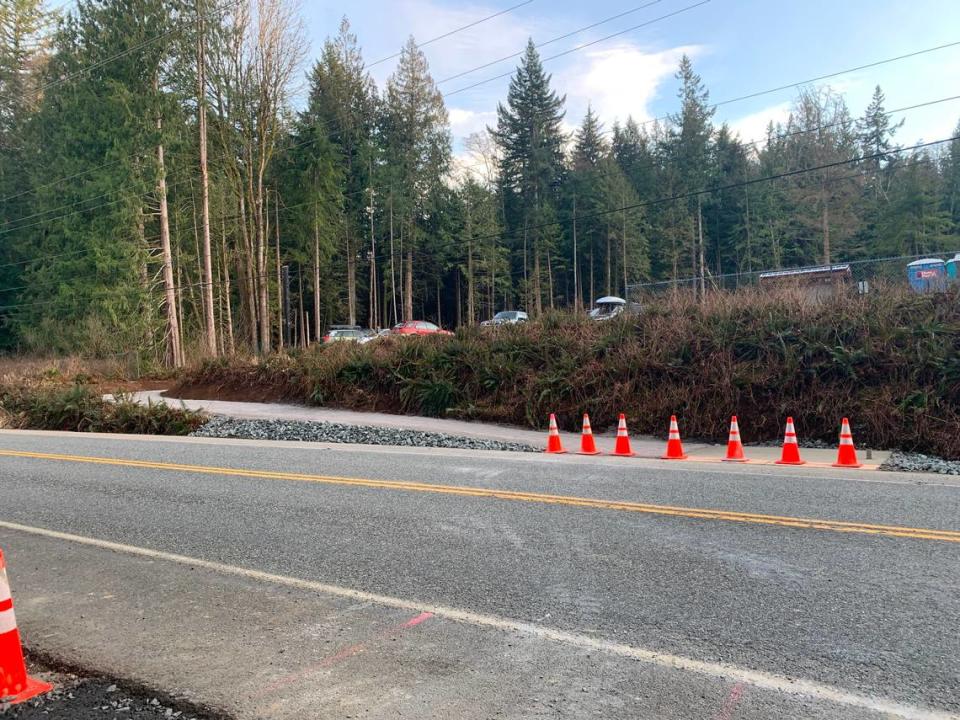 While the crosswalk is not yet completed as of February 28, 2024, the gravel pathway from South Samish Way to the southern Galbraith parking lot is nearly ready in Bellingham, Wash.