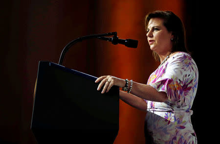 FILE PHOTO: Marjorie Dannenfelser, President of the Susan B. Anthony List, speaks as she introduces U.S. President Donald Trump at the Susan B. Anthony List 11th Annual Campaign for Life Gala at the National Building Museum in Washington, U.S., May 22, 2018. REUTERS/Al Drago/File Photo