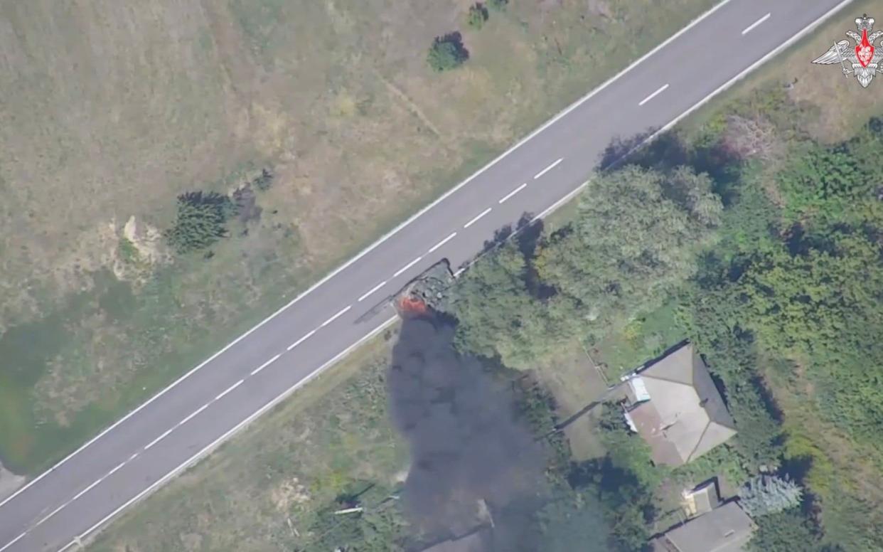 Aerial view of what is said to be a burning Ukrainian tank following a Russian army strike