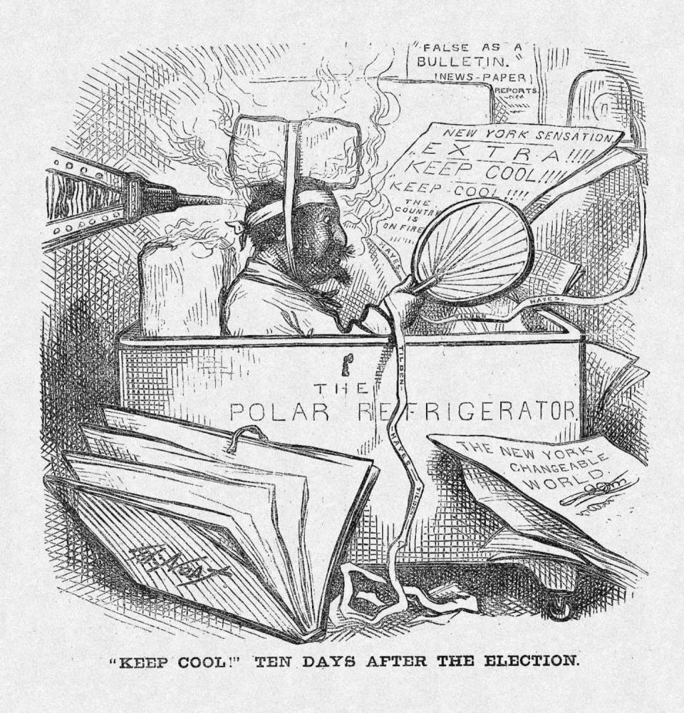 A cartoon making fun of hysterical newspaper headlines after the 1876 election.