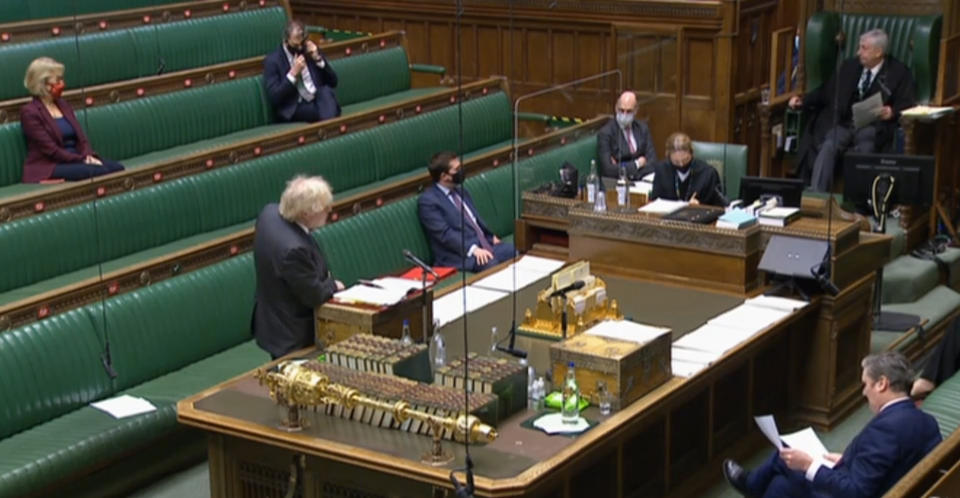 Prime Minister Boris Johnson speaks during Prime Minister's Questions in the House of Commons, London. Picture date: Wednesday February 10, 2021. (Photo by House of Commons/PA Images via Getty Images)