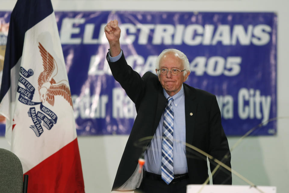 Democratic presidential candidate Sen. Bernie Sanders speaks during a fund-raising fish fry for U.S. Rep. Abby Finkenauer, D-Iowa, Saturday, Nov. 2, 2019, at Hawkeye Downs Expo Center in Cedar Rapids, Iowa. (AP Photo/Charlie Neibergall)