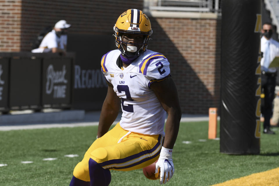 LSU tight end Arik Gilbert celebrates after scoring during the first half of an NCAA college football game against Missouri Saturday, Oct. 10, 2020, in Columbia, Mo. (AP Photo/L.G. Patterson)