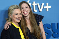 <p>Hillary and Chelsea Clinton crack up on Sept. 8 at the New York City premiere of their new series <em>Gutsy.</em></p>