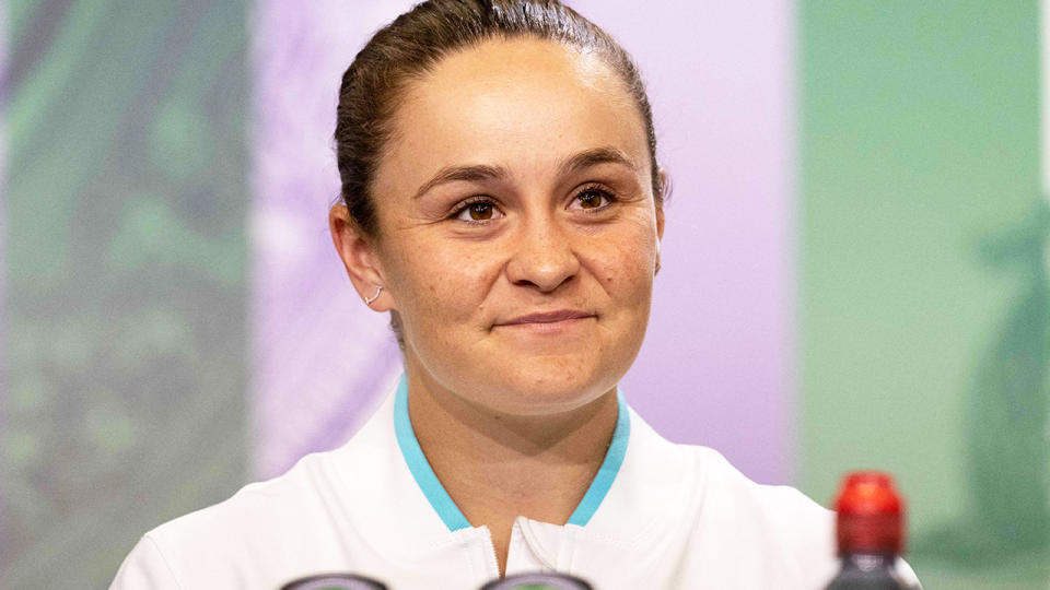 Ash Barty, pictured here speaking to the media after her victory over Karolina Pliskova in the Wimbledon final. 