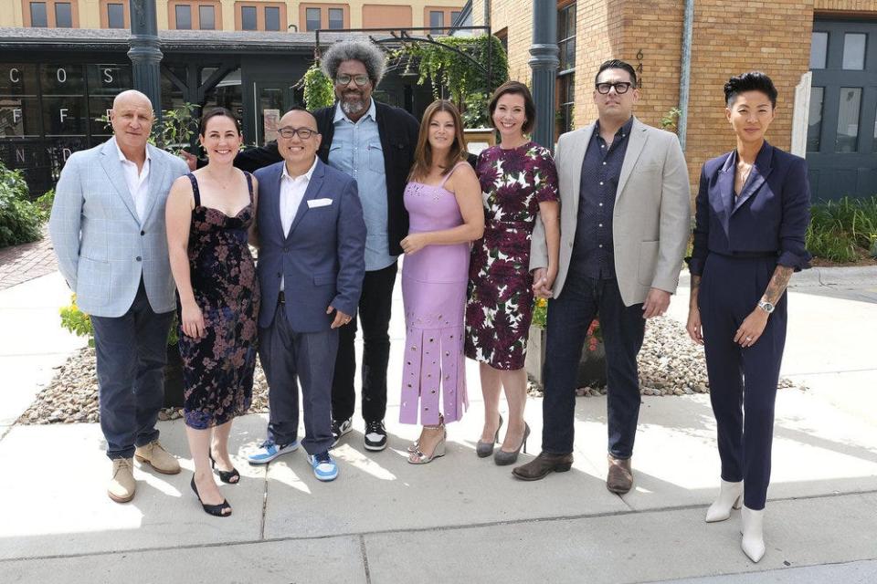 Judging the "Top Chef: Wisconsin" supper club challenge were (from left) Tom Colicchio, Kristen Miller, Tory Miller, W. Kamau Bell, Gail Simmons, Shaina Papach, Joe Papach and Kristen Kish.