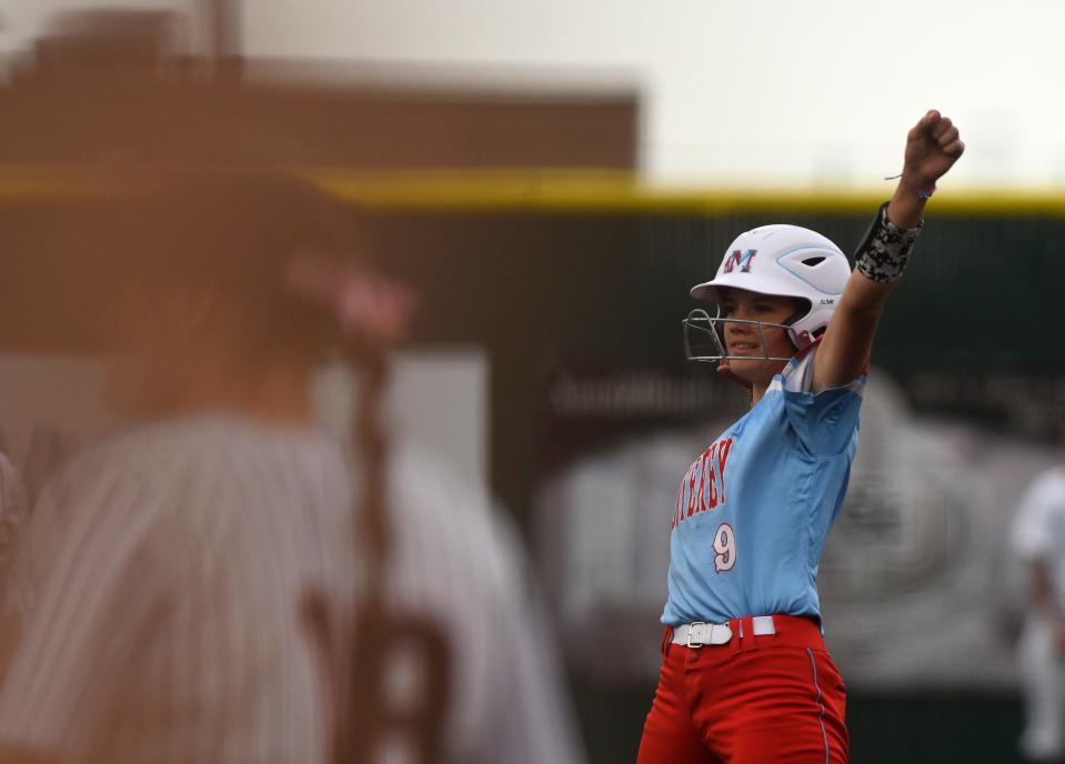 Monterey's Selena Fernandez gestures after hitting a double against Lubbock-Cooper in Game 3 of the Region I-5A quarterfinal softball series, Friday, May 10, 2024, at First United Park in Woodrow.