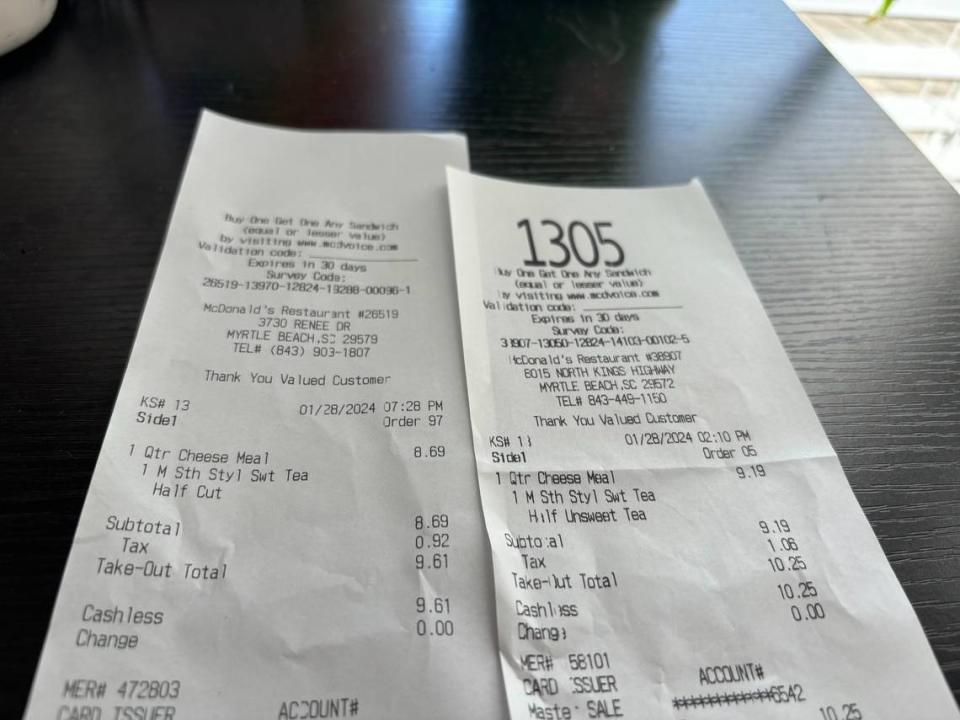 Receipts for the same McDonald’s meal at two different locations, one in Myrtle Beach (right) and one in unincorporated Horry County (left). Notice the differences in tax