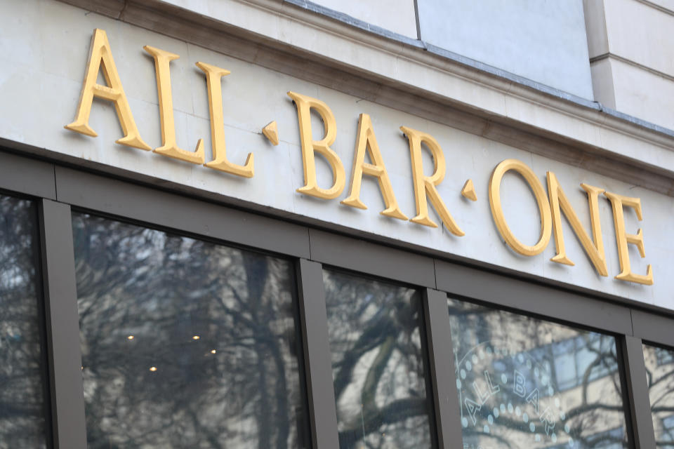 A view of a sign for a All Bar One modern bar in London
