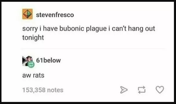 Two social media posts joking about bubonic plague with a pun response, popular engagement shown