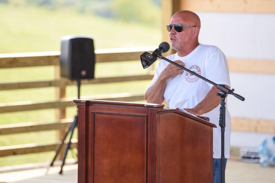 Eric Deters speaks at his Freedom Fest rally in 2021 at his farm in Morning View, Kentucky. The candidate for the U.S. House of Representatives is trying to get Thomas Massie removed from the ballot.