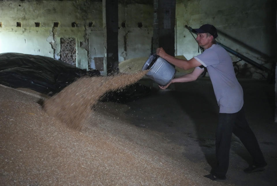 Farmer Serhiy throws grains from a bucket in his barn in the village of Ptyche in eastern Donetsk region, Ukraine, Sunday, June 12, 2022. Serhiy claims he cannot sell his grain because nobody wants to come to the area which has been suffering from the Russian shelling. Ukraine is one of the world’s largest exporters of wheat and corn but Russia's invasion and a blockade of its ports have halted much of that flow. (AP Photo/Efrem Lukatsky)