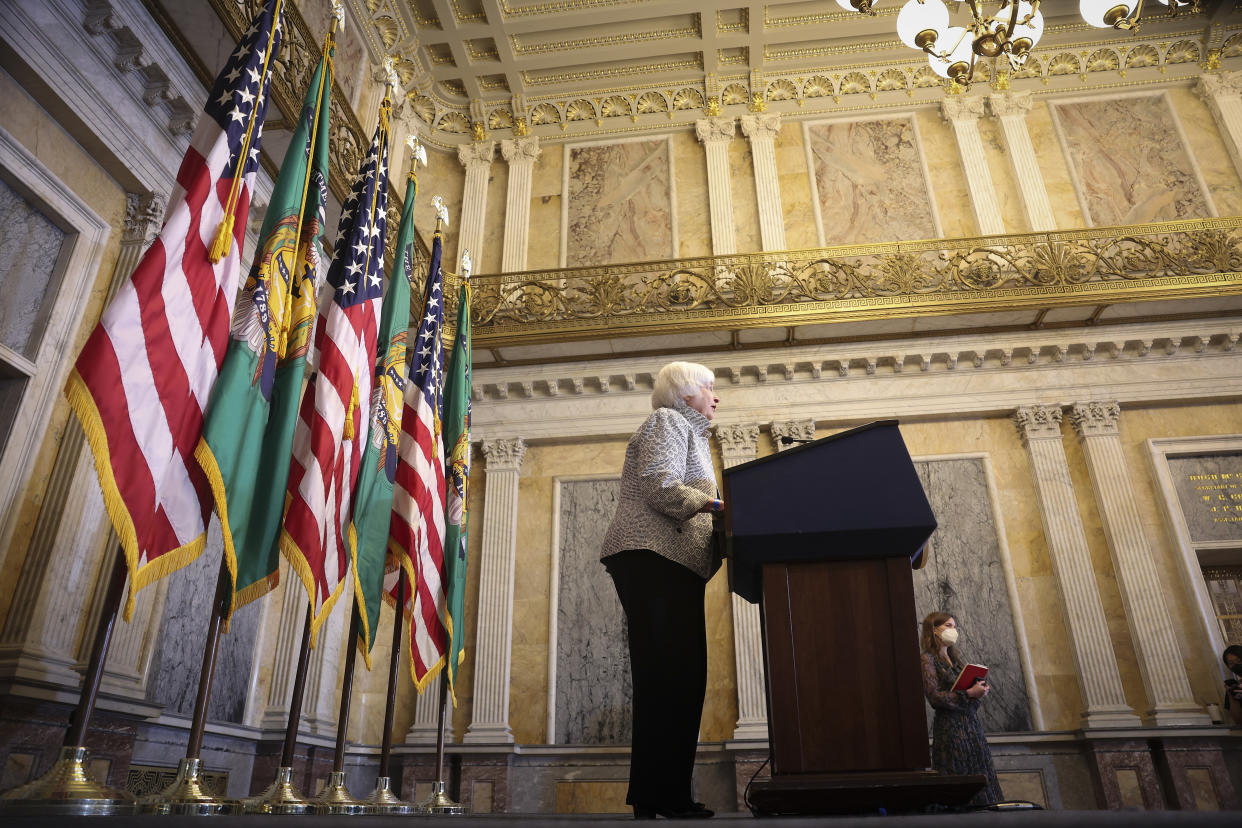 WASHINGTON, DC - JULY 28: Treasury Secretary Janet Yellen delivers remarks during a press conference at the Treasury Department on July 28, 2022 in Washington, DC. Secretary Yellen discussed the state of the U.S. economy highlighting America's economic recovery coming out of the COVID-19 pandemic while discussing the steps policymakers are implementing to curb record high inflation and economic slowdown. (Photo by Win McNamee/Getty Images)