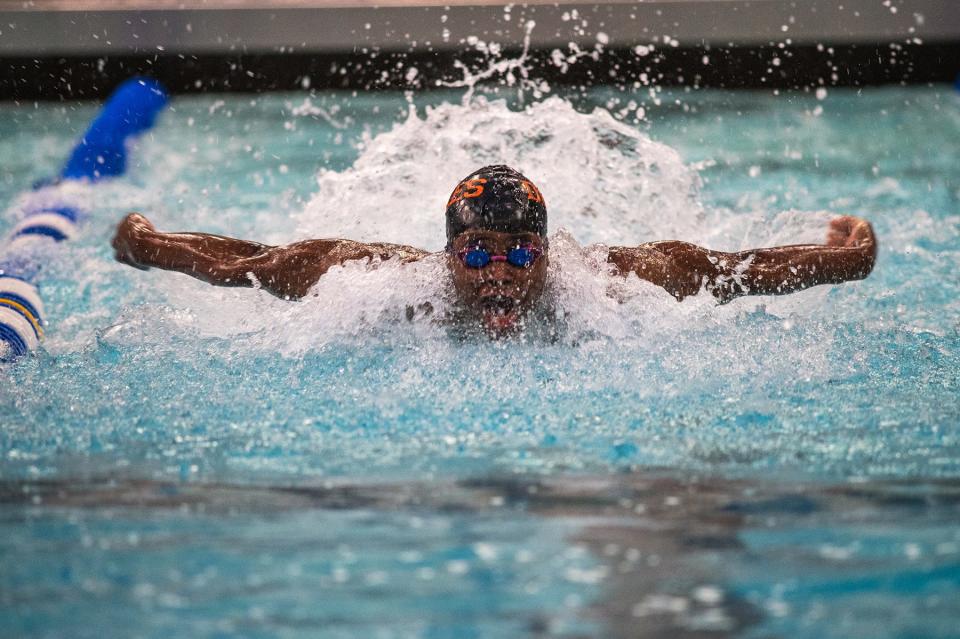 Marlboro's Josh Johnson sets a Section 9 record in the second heat of the 100-yard butterfly during the sectional championships at Valley Central High School on Feb. 17, 2024.