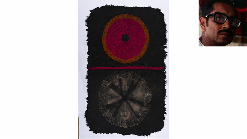 A Namda felted-wool rug by Riten Mozumdar, made with tie-and-dye, resist block print and embroidery. - Credit: Courtesy of Chatterjee, Lal, and Ushmita Sahu