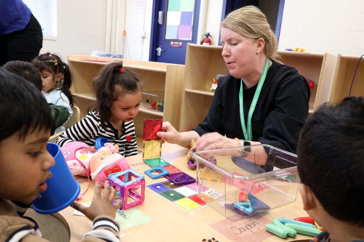 Speech language pathologist Desirae Zagaroli repeats words while building with Alma Collado, 4, during class at Rockland BOCES preschool in West Nyack Feb. 7, 2024. The preschool recently opened to support children with exceptional needs.