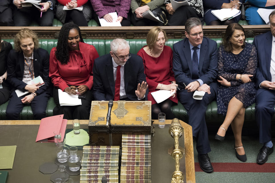 Britain's opposition Labour Party leader Jeremy Corbyn, speaks during a debate before a no-confidence vote on Britain's Prime Minister Theresa May raised by Corbyn, in the House of Commons, London, Wednesday Jan. 16, 2019. In a historic defeat for the government Tuesday, Britain's Parliament discarded May's Brexit deal to split from the European Union, and May now faces a parliamentary vote of no-confidence Wednesday. (Jessica Taylor, UK Parliament via AP)