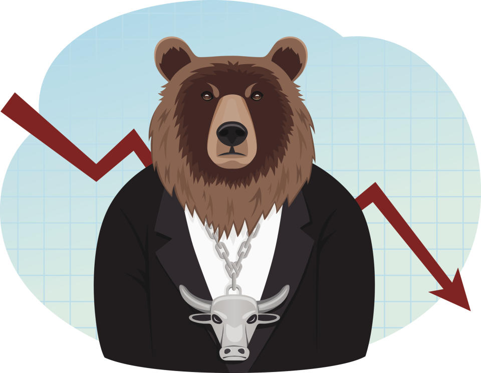 A drawing of a bear standing in front of a line depicting a stock crash.