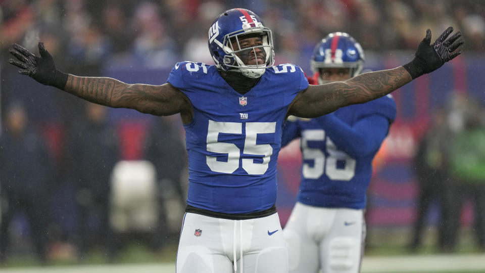 New York Giants linebacker Jihad Ward (55) reacts during the third quarter of an NFL football game against the New England Patriots, Sunday, Nov. 26, 2023, in East Rutherford, N.J. (AP Photo/Seth Wenig)