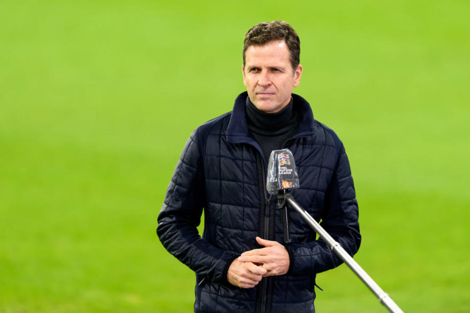 LEIPZIG, GERMANY - NOVEMBER 14: (BILD ZEITUNG OUT) Manager Oliver Bierhoff of Germany looks on prior to the UEFA Nations League group stage match between Germany and Ukraine at Red Bull Arena on November 14, 2020 in Leipzig, Germany. (Photo by Mario Hommes/DeFodi Images via Getty Images)