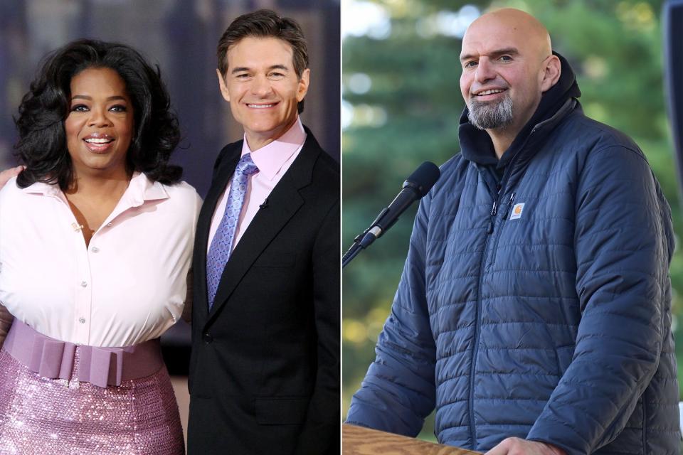 Oprah Winfrey, Dr. Mehmet Oz; Democratic candidate for U.S. Senate John Fetterman reacts to applause from supporters during a joint rally