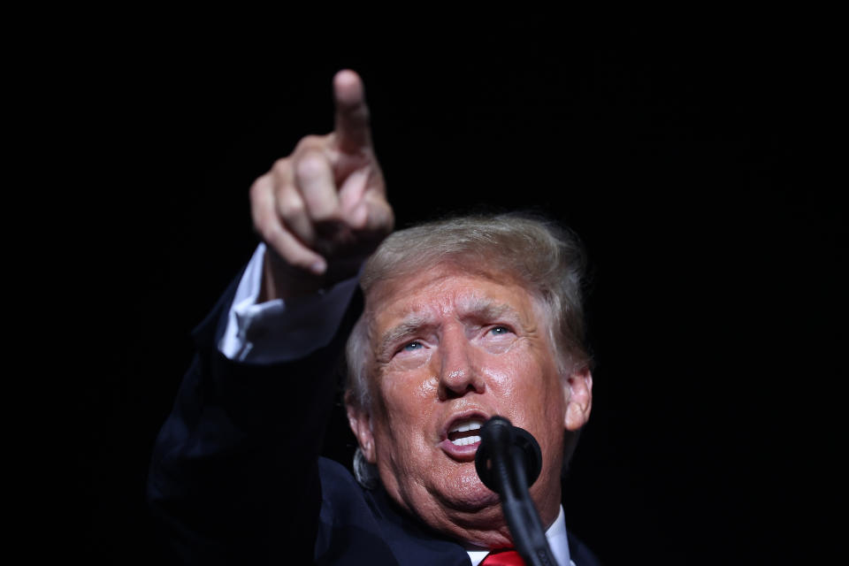 CULLMAN, ALABAMA - AUGUST 21: Former U.S. President Donald Trump addresses supporters during a 