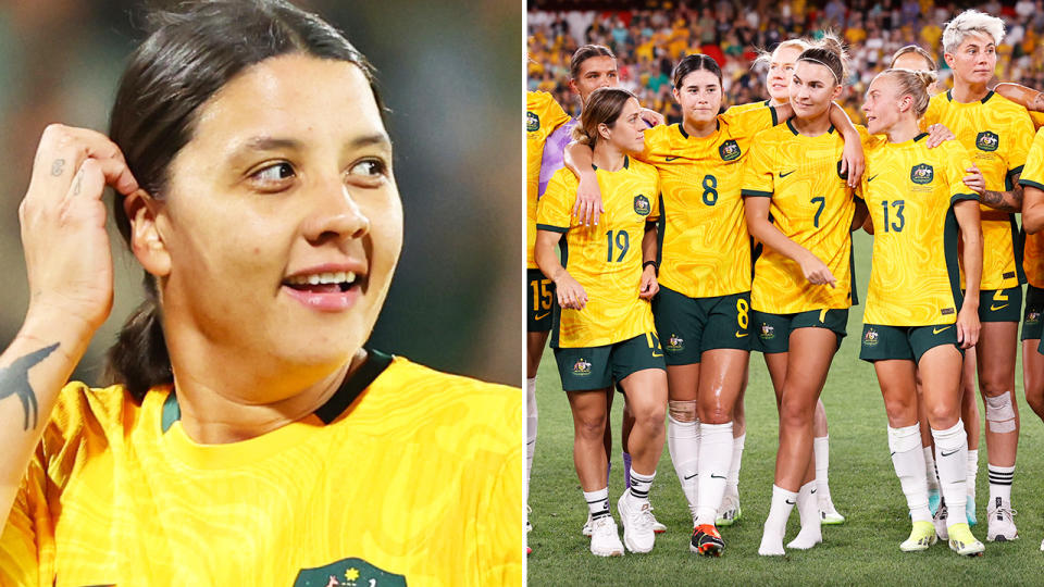 Sam Kerr, pictured here alongside Matildas players.