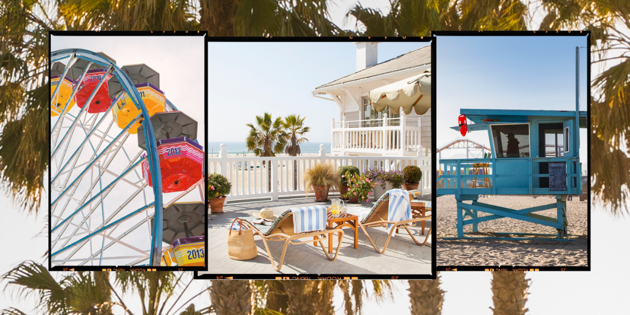 a collage image one shows the ferries wheel on santa monica pier, image two shows shutters on the beach and image three shows a lifeguard hut