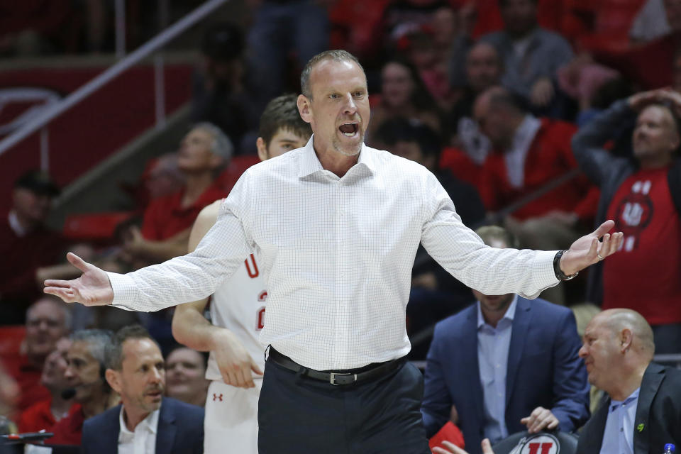 Utah head coach Larry Krystkowiak reacts to a call in the second half during an NCAA college basketball game against Colorado Saturday, March 7, 2020, in Salt Lake City. (AP Photo/Rick Bowmer)