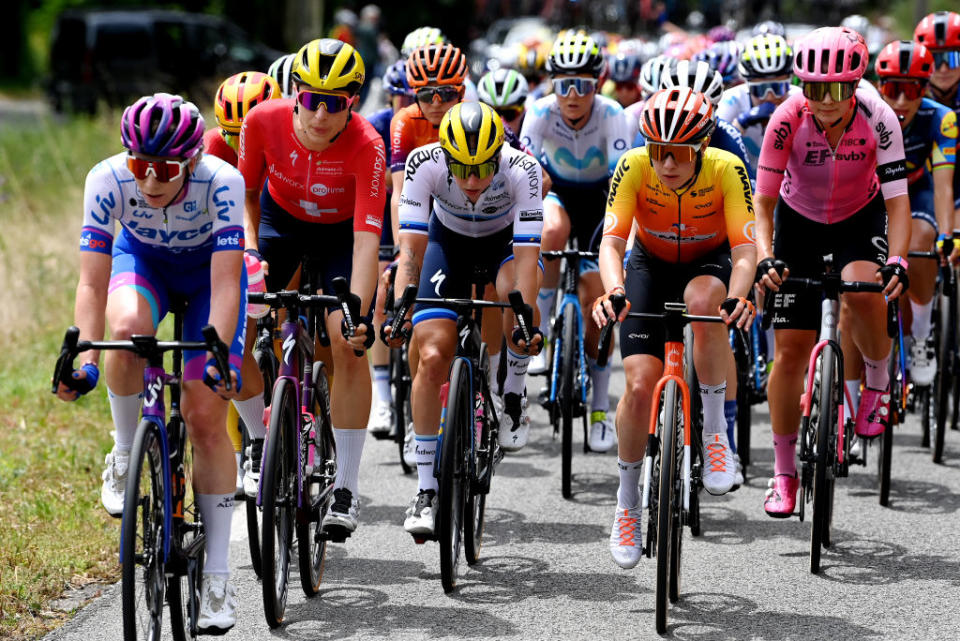 RODEZ FRANCE  JULY 26 LR Marlen Reusser of Switzerland Lorena Wiebes of The Netherlands and Team SD Worx  Protime Coralie Demay of France and Team St Michel  Mavic  Auber93 and Sara Poidevin of Canada and Team EF EducationTIBCOSVB compete during the 2nd Tour de France Femmes 2023 Stage 4 a 1771km stage from Cahors to Rodez 572m  UCIWWT  on July 26 2023 in Rodez France Photo by Tim de WaeleGetty Images