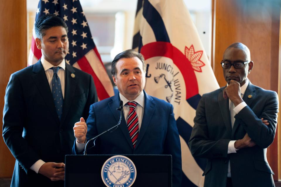 John Cranley, former Cincinnati mayor, speaks during a press conference announcing a proposed sale of Cincinnati Southern Railway to Norfolk Southern Corp. at Union Terminal on Monday, Nov. 21, 2022. Currently, Cincinnati receives $25 million a year from leasing the railroad to Norfolk Southern.