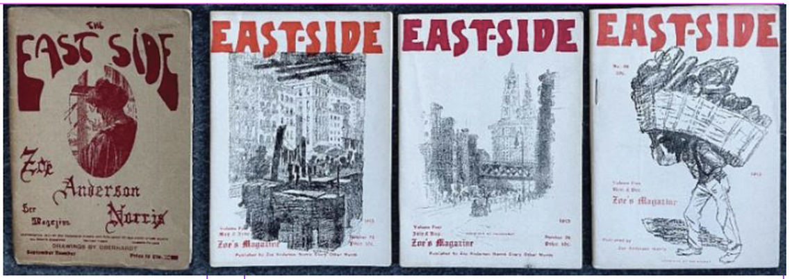 Some copies of the 29 issues of The East Side, published by Zoe Anderson Norris. More than 100 artifacts related to Norris will be part of an exhibit at the Grolier Club in New York City March 2-May 15. The exhibit will also be available online at grolierclub.org