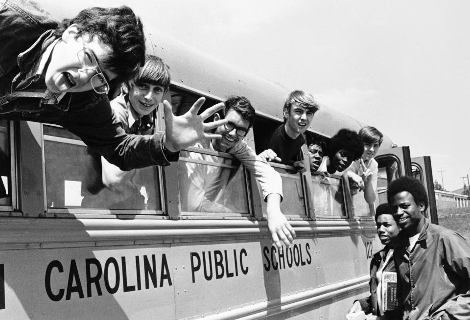A cheerful busload of West Charlotte High School pupils on May 15, 1972. 