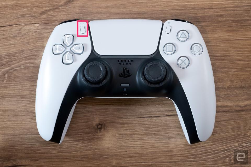 A photo of the PlayStation 5 DualSense controller, with the Create button highlighted.