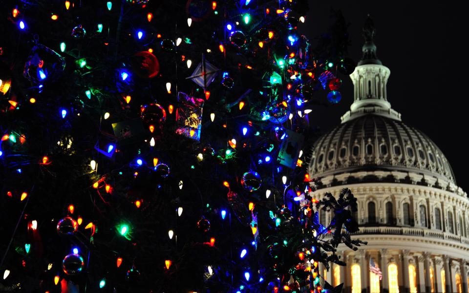 The U.S. Capitol dome and Christmas tree are seen December 18, 2011 in Washington. (KAREN BLEIER/AFP/Getty Images)