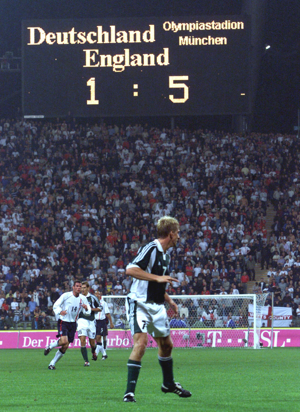 FILE - The Sept. 1, 2001 file photo shows the scoreboard with the result of a World Cup 2002 qualifying match of Group 9 Germany vs England in the Olympic stadium of Munich, southern Germany. England won 5-1. On German soil, England produced a signature win of Sven-Goran Eriksson's tenure as coach — and it's greatest performance against a unified Germany team. (AP Photo/Uwe Lein, File)