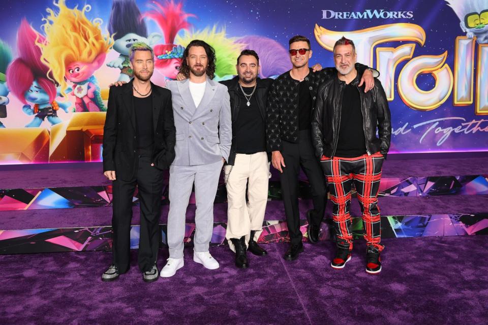 PHOTO: (L-R) Lance Bass, JC Chasez, Chris Kirkpatrick, Justin Timberlake, and Joey Fatone attend a special screening of Universal Pictures' 'Trolls: Band Together' at TCL Chinese Theatre, Nov. 15, 2023, in Hollywood, Calif. (Leon Bennett/Getty Images)