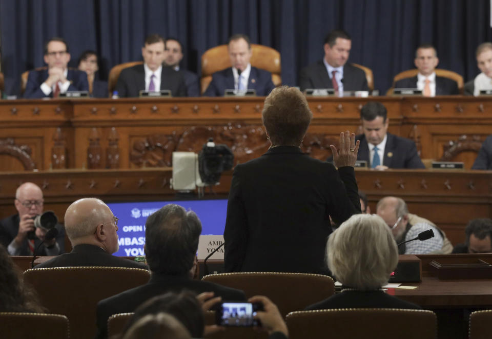 Former U.S. Ambassador to Ukraine Marie Yovanovitch is sworn in to testify to the House Intelligence Committee on Capitol Hill in Washington, Friday, Nov. 15, 2019, during the second public impeachment hearing of President Donald Trump's efforts to tie U.S. aid for Ukraine to investigations of his political opponents. (Alex Wong/Pool via AP)