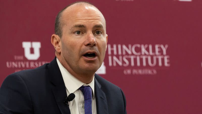 Utah Sen. Mike Lee speaks to a group of students and community members as part of the Sutherland Institute’s 2023 Congressional Series at the Hinckley Institute on the University of Utah campus in Salt Lake City on Aug. 22, 2023.