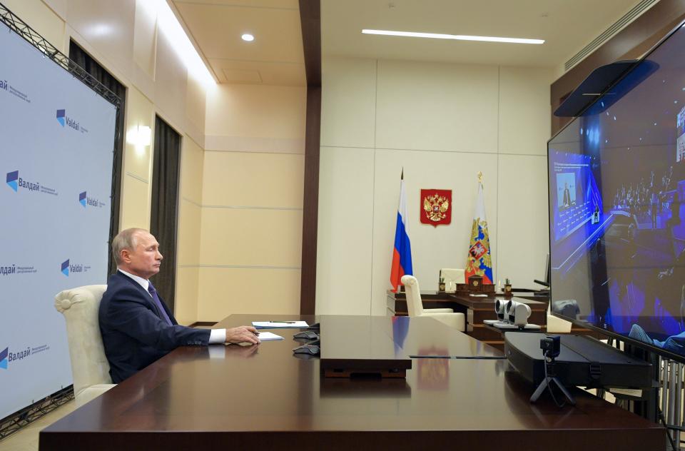 Russian President Vladimir Putin participates in the annual meeting of the Valdai Discussion Club via video conference at the Novo-Ogaryovo residence outside Moscow, Russia, Thursday, Oct. 22, 2020. (Alexei Druzhinin, Sputnik, Kremlin Pool Photo via AP)