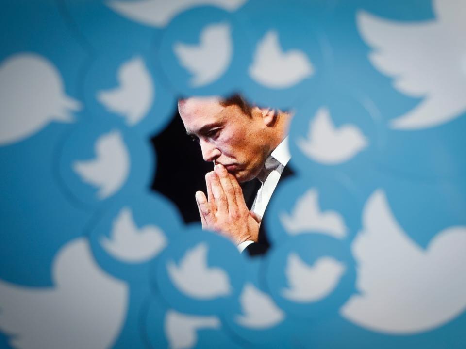 An image of new Twitter owner Elon Musk is seen surrounded by Twitter logos in this photo illustration.