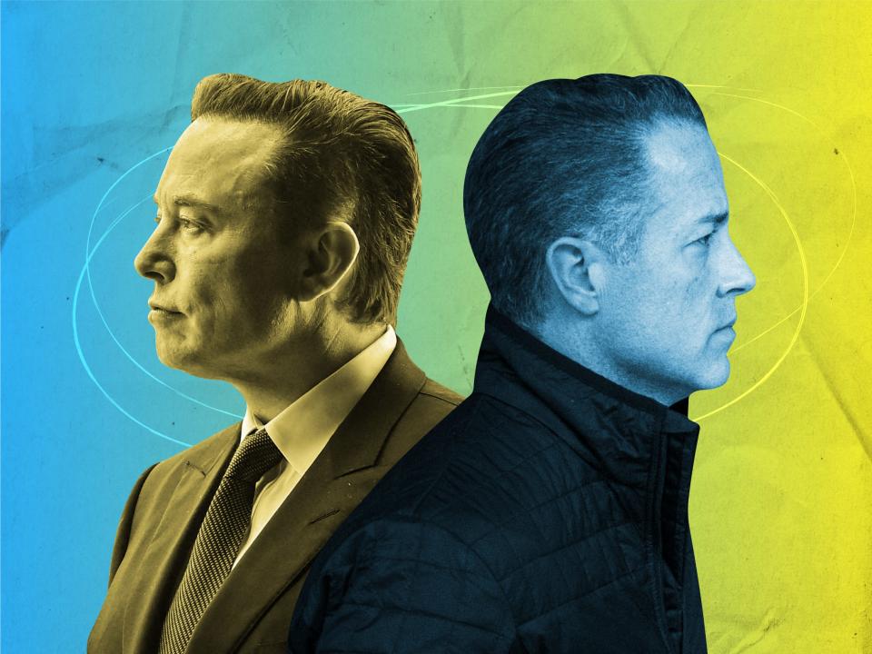 Elon Musk and Jared Birchall back to back on yellow and blue background 4x3