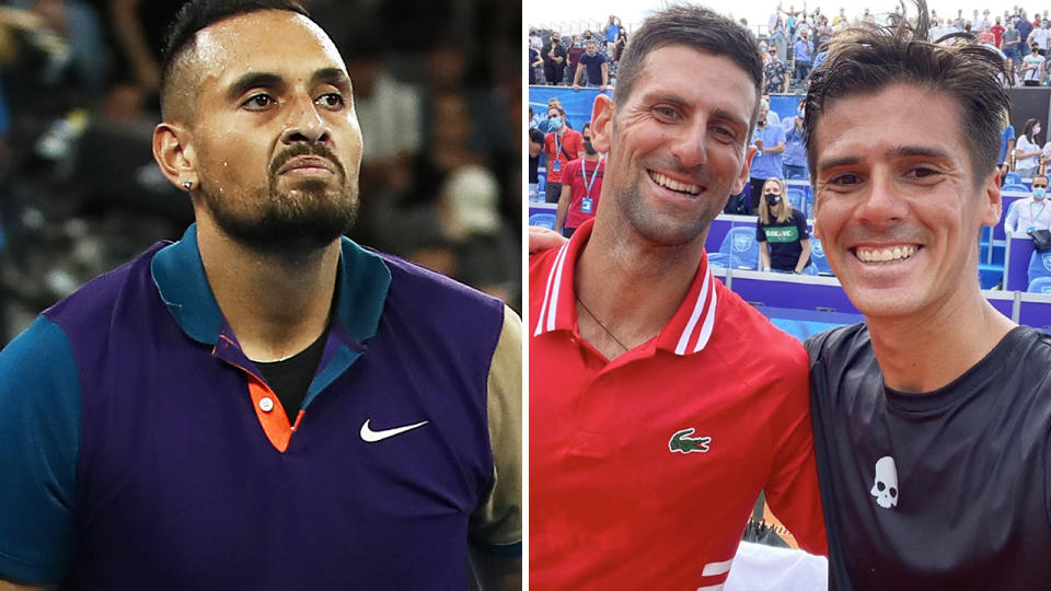 Nick Kyrgios has taken a potshot at world No.96 Federico Coria, after the Argentinian took a selfie with Novak Djokovic moments after a straight-sets loss to the Serbian. Pictures: Getty Images/Instagram