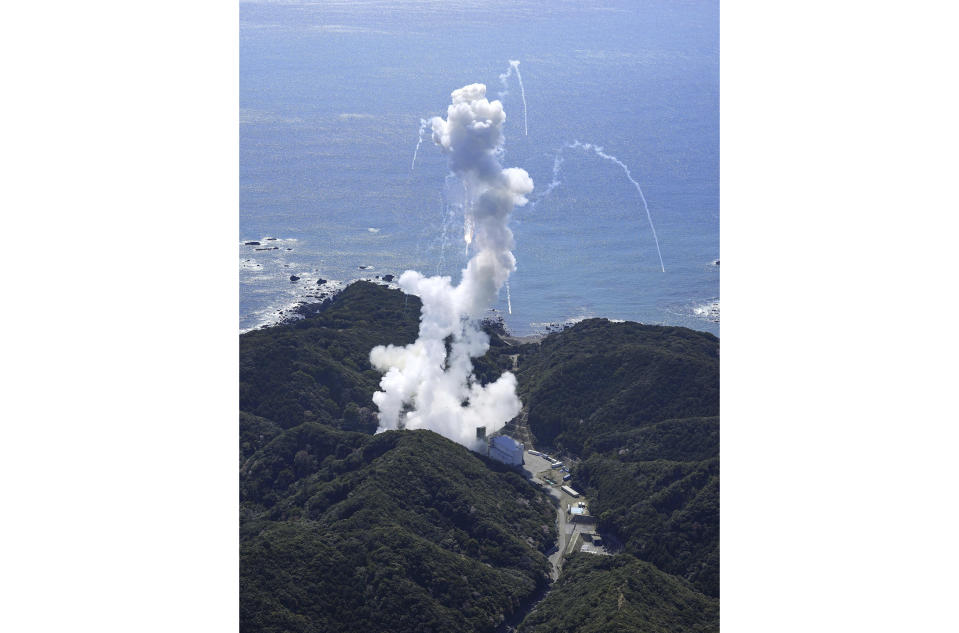 A Space One's Kairos rocket explodes after liftoff from a launch pad in Kushimoto, Wakayama prefecture, western Japan, Wednesday, March 13, 2024. (Kyodo News via AP)