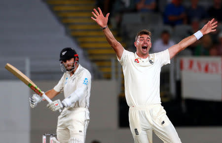 Cricket - Test Match - New Zealand v England - Eden Park, Auckland, New Zealand, March 22, 2018. England's James Anderson appeals unsuccessfully for the wicket of New Zealand's Kane Williamson during the first day of the first cricket test match. REUTERS/David Gray